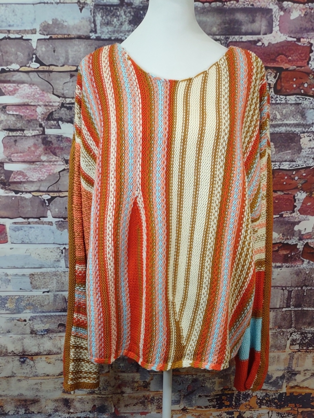 Polagram Striped Knit Sweater in Orange, Cream & Light Blue